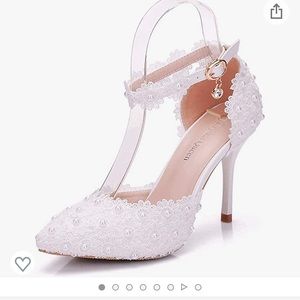 Women High Heel White Lace Pearls Wedding Shoes Pointed Toe Bridal Shoe